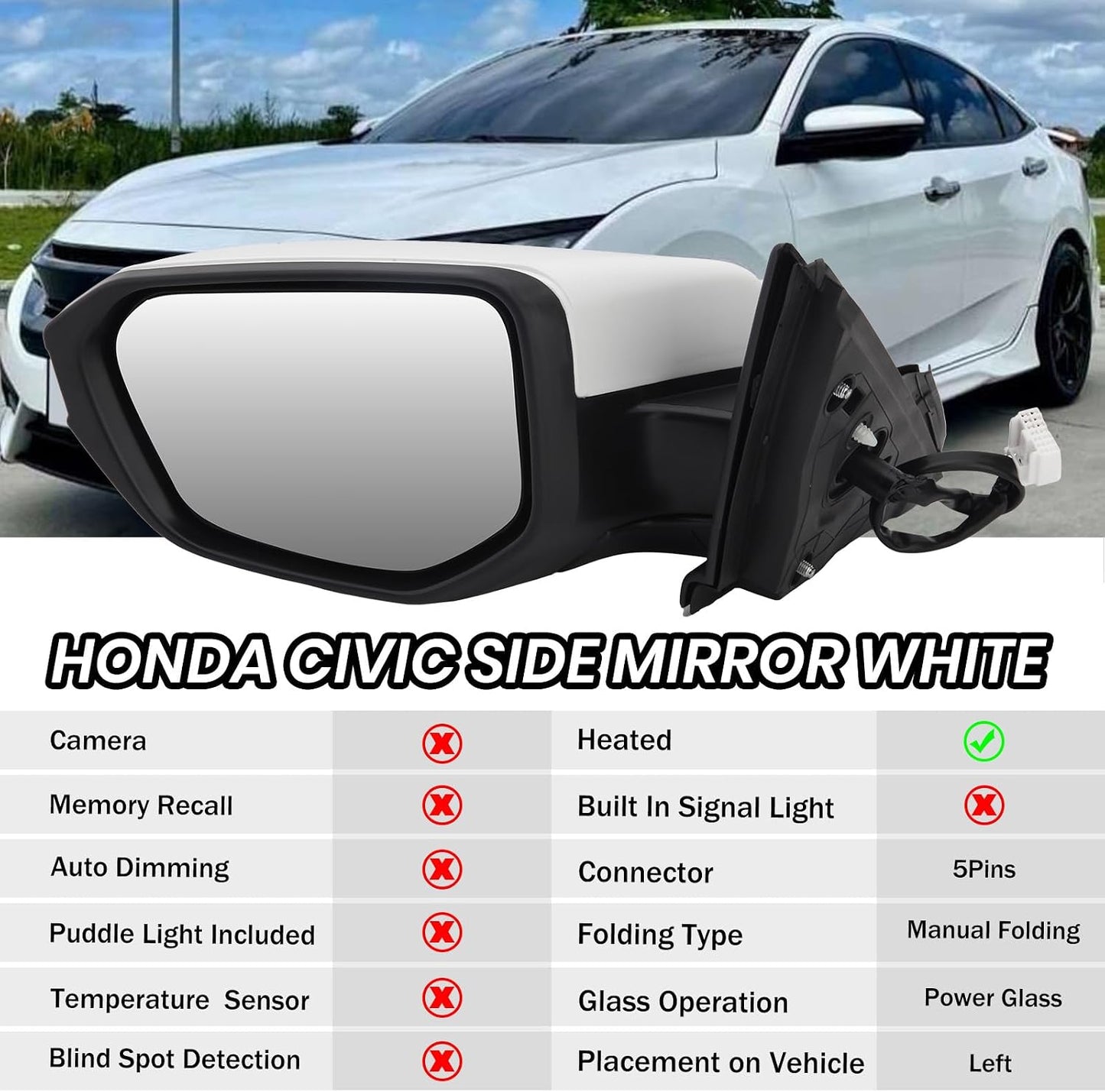 Espejo lateral conductor Honda Civic 2016-21 5 pines blanco