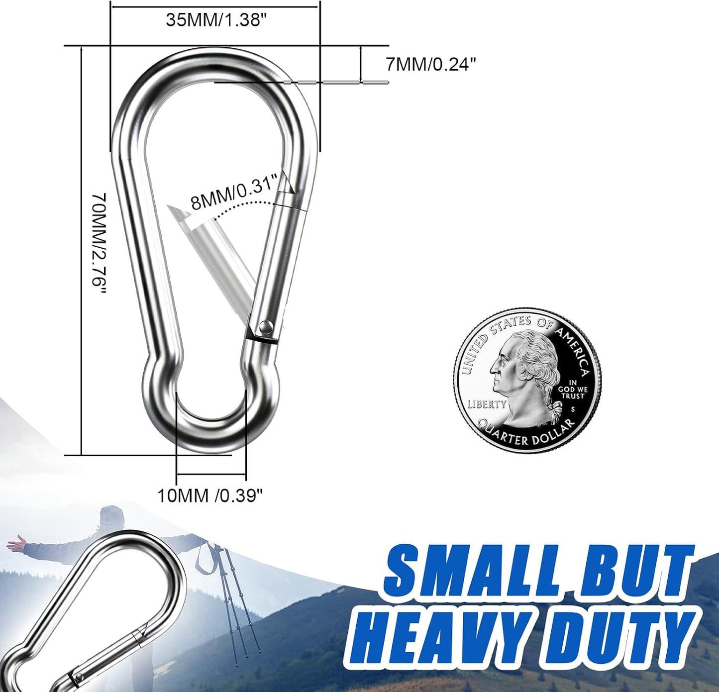 Mosquetones acero inox 304 resistentes 7cm set 10 pzas camping