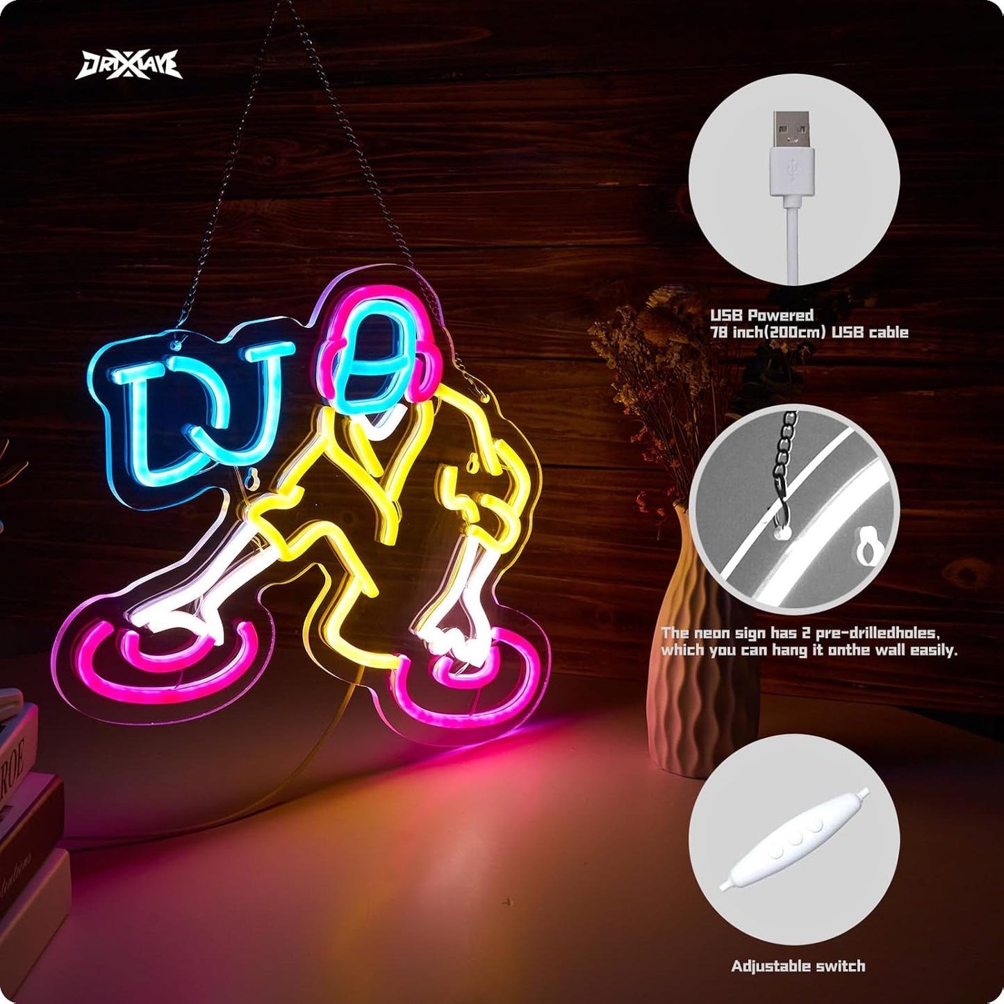 Letrero neón DJ decoración pared habitación niños