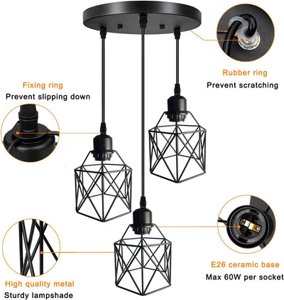 Lámpara colgante industrial 3 luces ajustables E26 negro