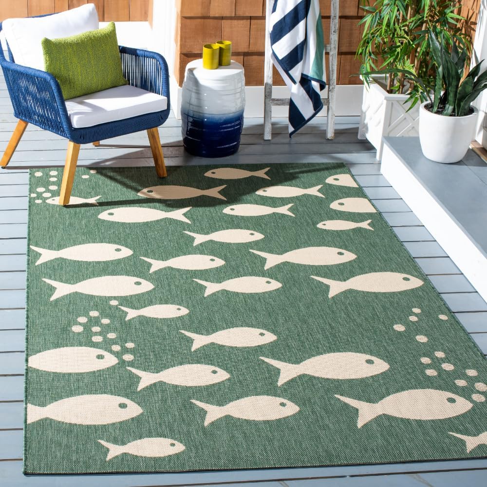 Alfombra lavable exterior 5'3x7'7 verde oscuro y marfil
