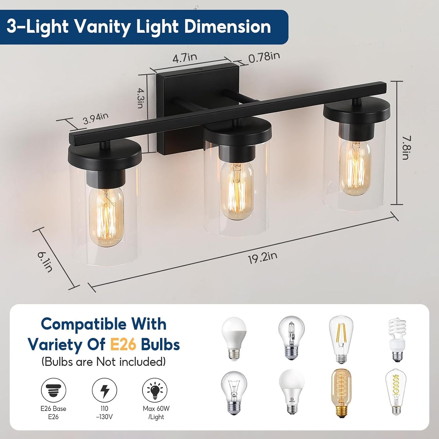 Lámpara baño 20pulg 3 luces negro mate vidrio transparente
