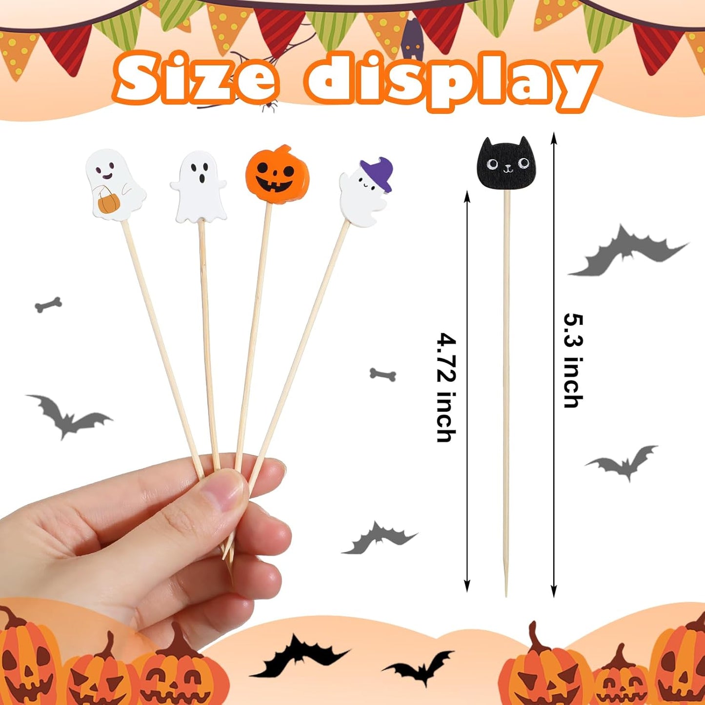 200 Palillos Bambú Halloween 4.7pulg Calabaza Gato Fantasma