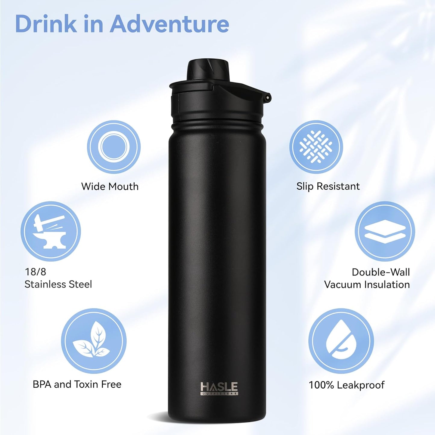 Botella agua acero inox 22oz aislada vacío 2 tapas negro
