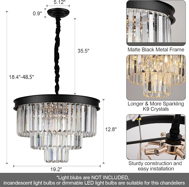 Candelabro cristal negro 20pulg 9 luces colgante sala