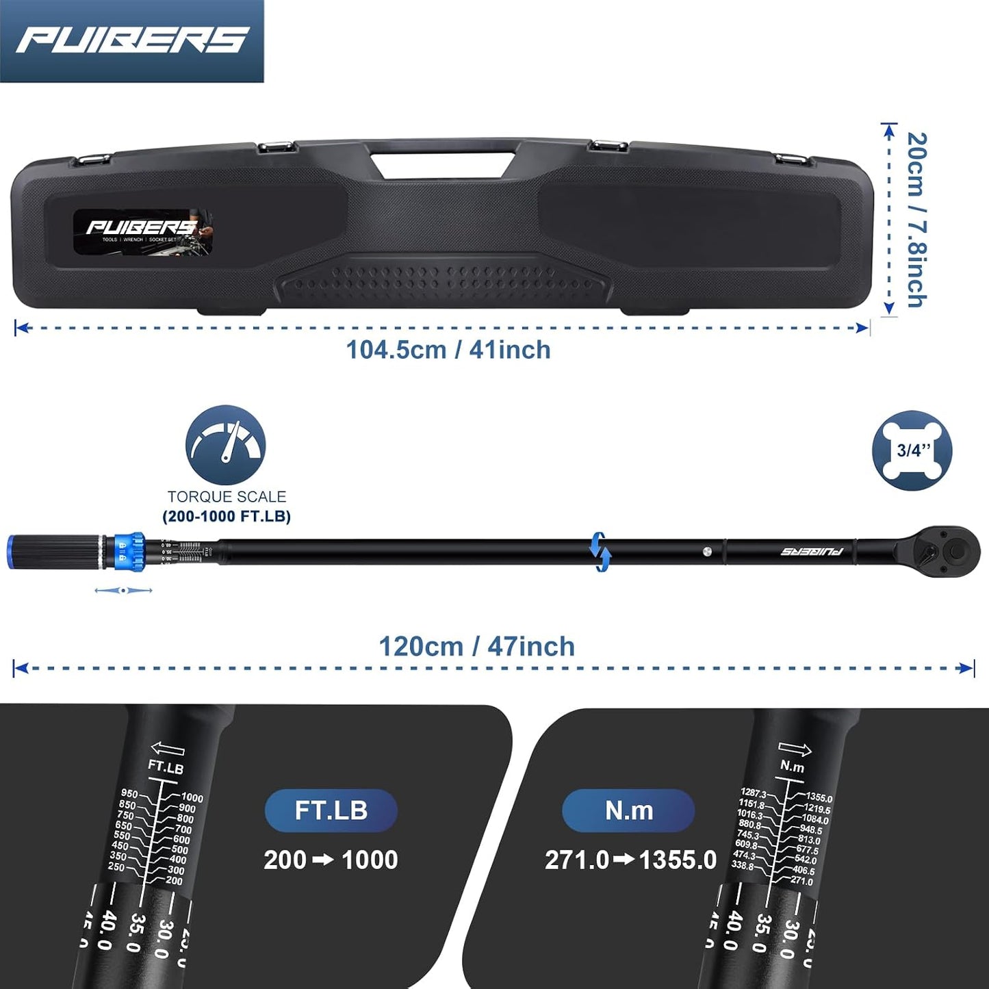 Llave dinamométrica 1 pulg 200-1000 ft para auto camión