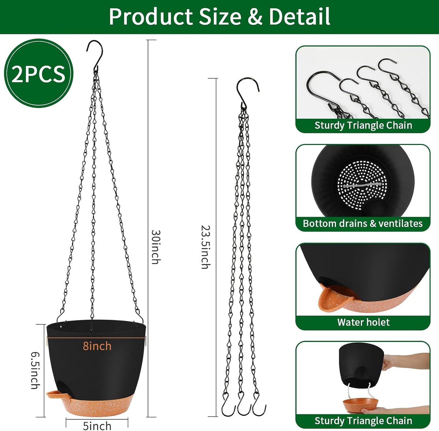 Macetas colgantes riego automático 8pulg set 2 color negro