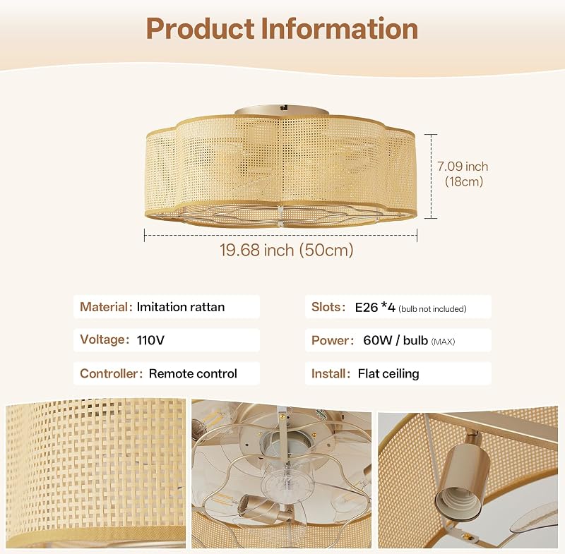 Ventilador techo boho 20" ratán 6 vel. luces control remoto