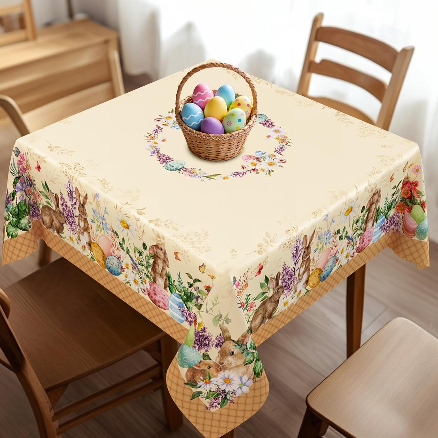 Mantel cuadrado de Pascua 60 x 60 pulgadas tela impermeable flores conejo
