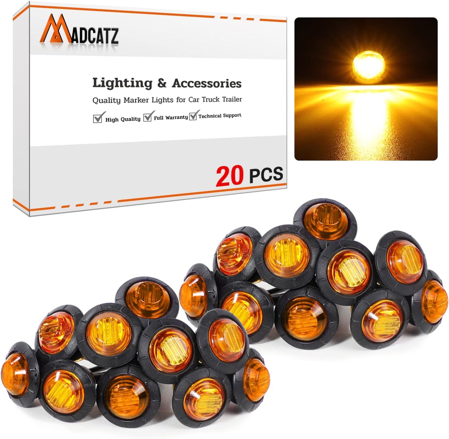 20 Luces LED Ámbar 3/4pulg 12V CC para Camión
