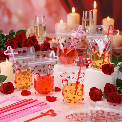 60 Bolsas Bebidas Corazón 16oz Reutilizables para San Valentín