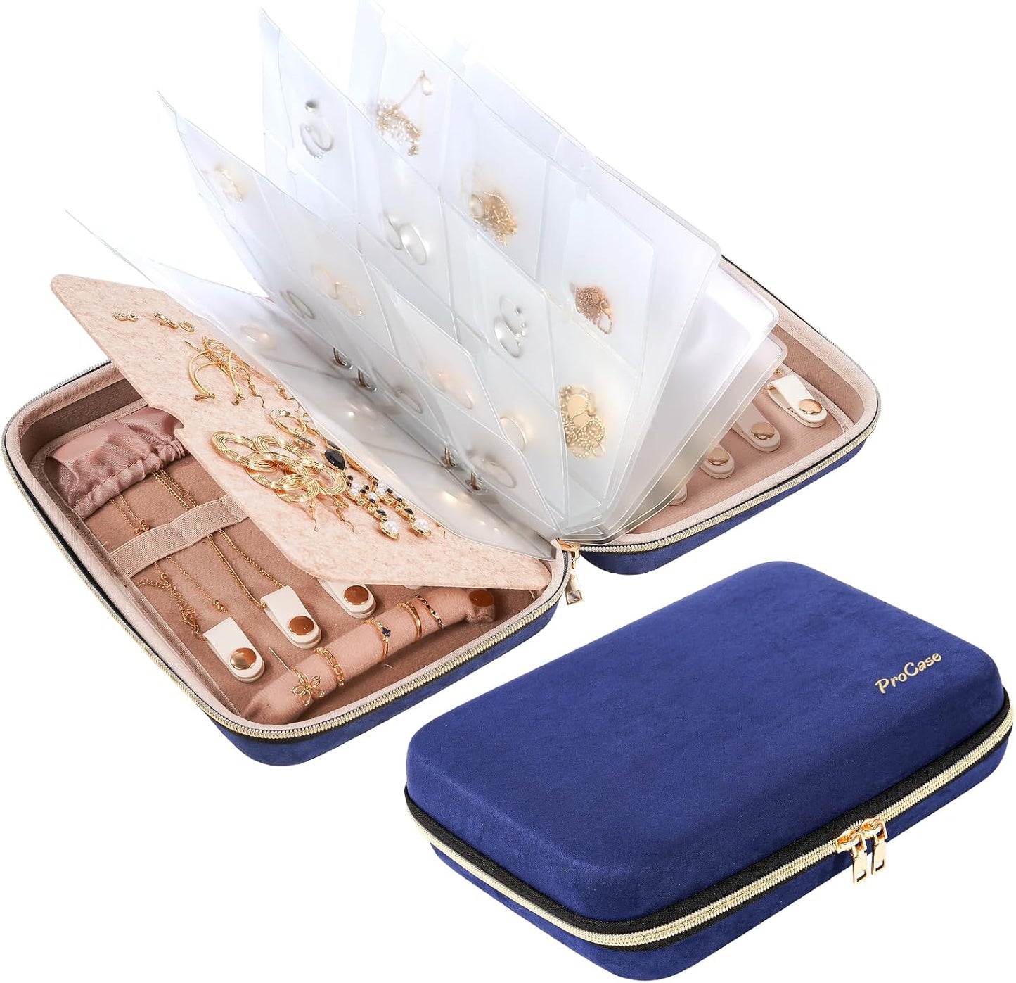 Estuche organiz. joyas con bolsillos transparentes azul