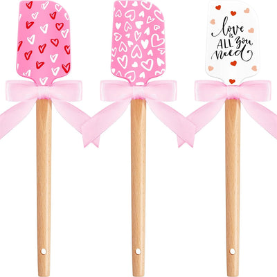 3 Espátulas Silicona San Valentín con Asas Madera y Laços Rosa