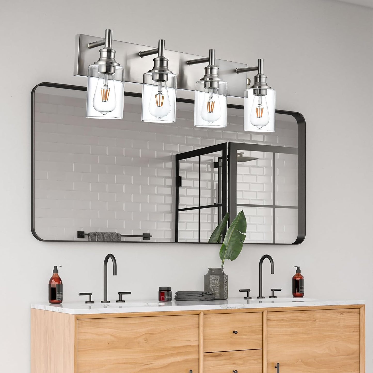 4 Luces Tocador Níquel Vidrio Aplique
