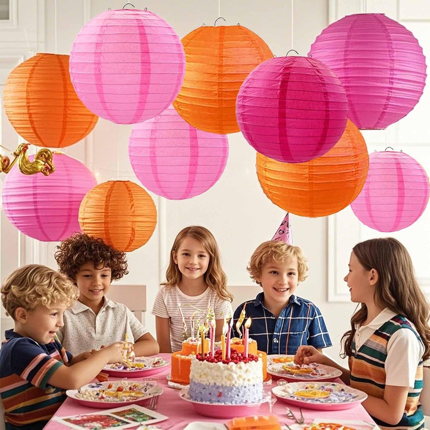 12 Faroles papel rosa intenso naranja colgantes fiesta boda
