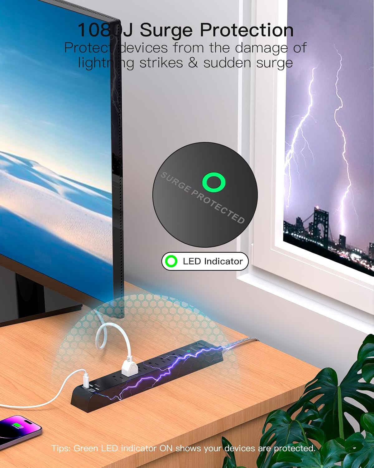 Regleta sobretensiones 15ft 4 USB 2 USB-C 6 tomas CA pared