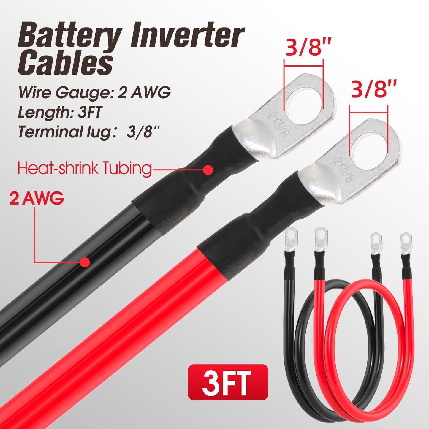 Cable batería 2 AWG 3 pies 3/8" para inversor automotriz