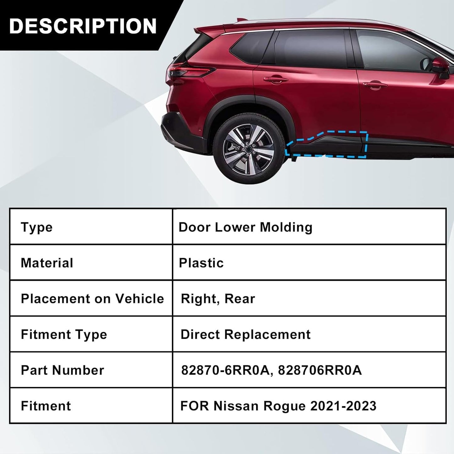 Moldura puerta trasera derecha Nissan Rogue 82870-6RR0A