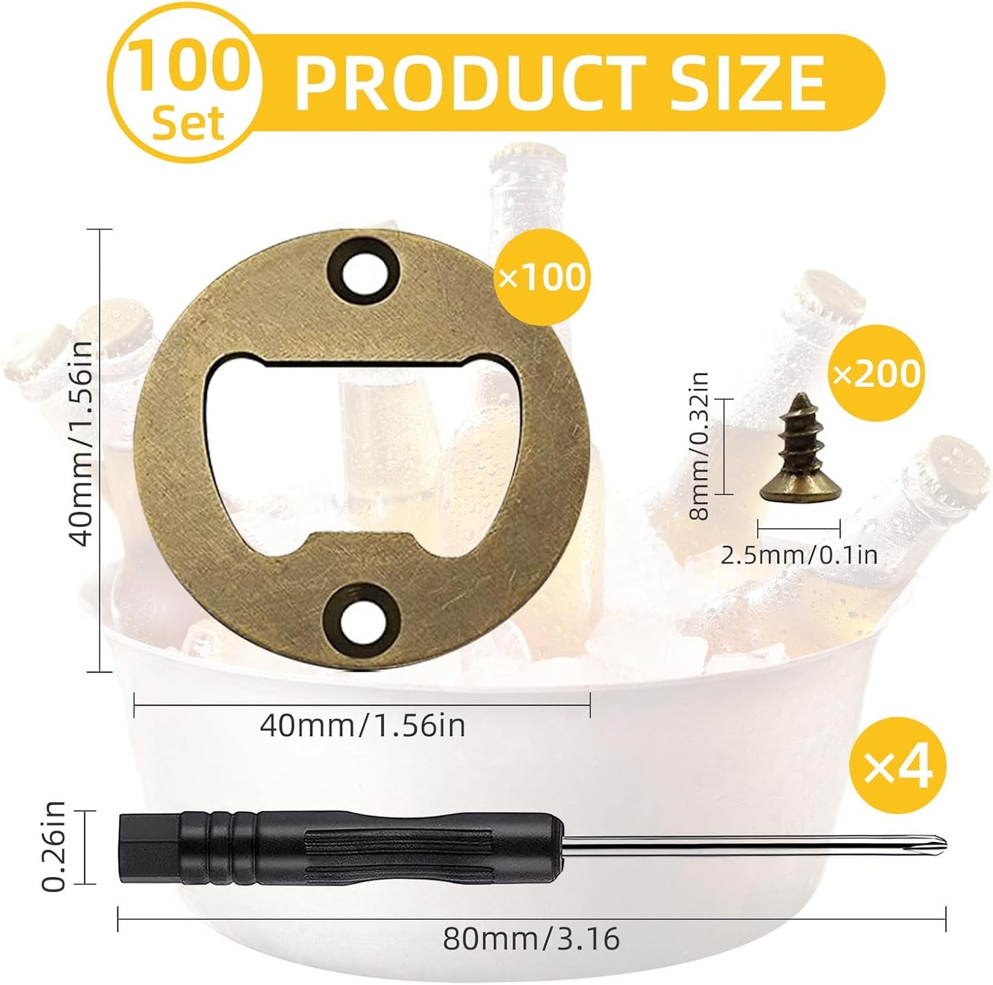Set 100 kits abridor botellas acero inox bronce