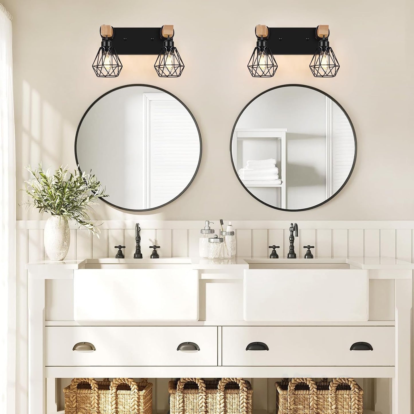 Aplique pared baño madera rústico 2 luces lámpara industrial