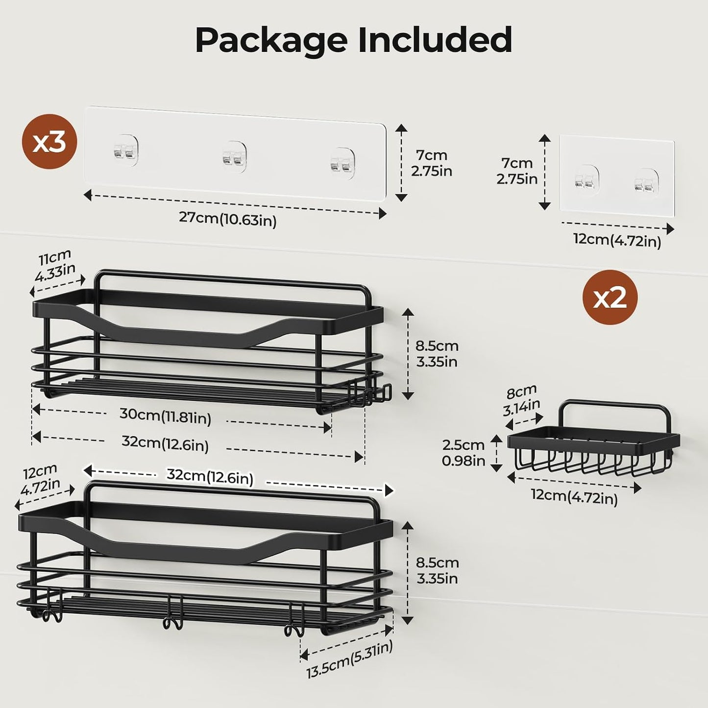 Cesta ducha 5 ganchos acero inox set 3 negro