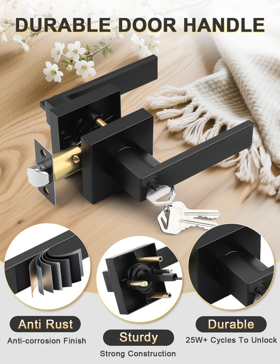 2 Manijas Puerta Entrada Cuadradas con Cerradura Negro Mate