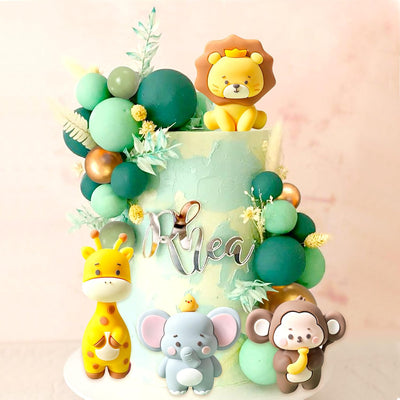 Decoración tarta fiesta baby shower selva animales safari