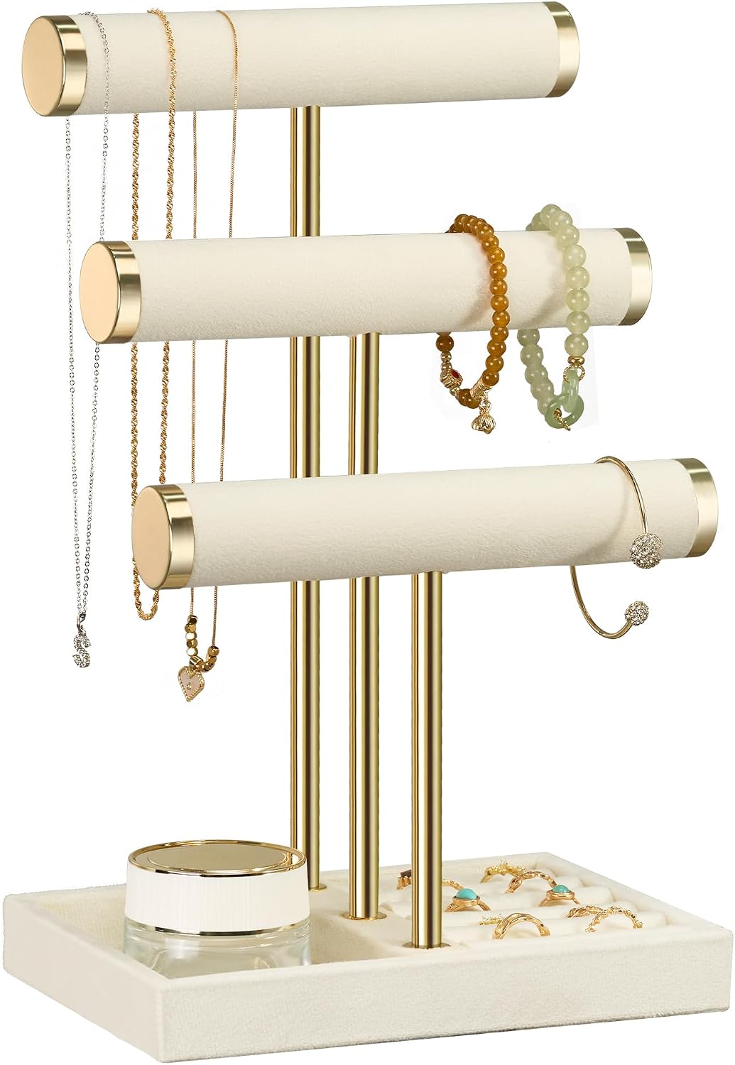 Soporte pulseras 3 niveles terciopelo beige con barra T