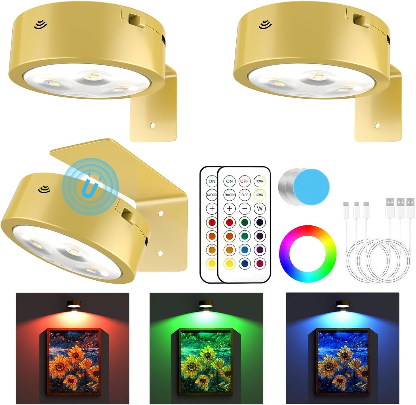 3 Luces RGB para Cuadros Pared Batería Recargable 3 Modos