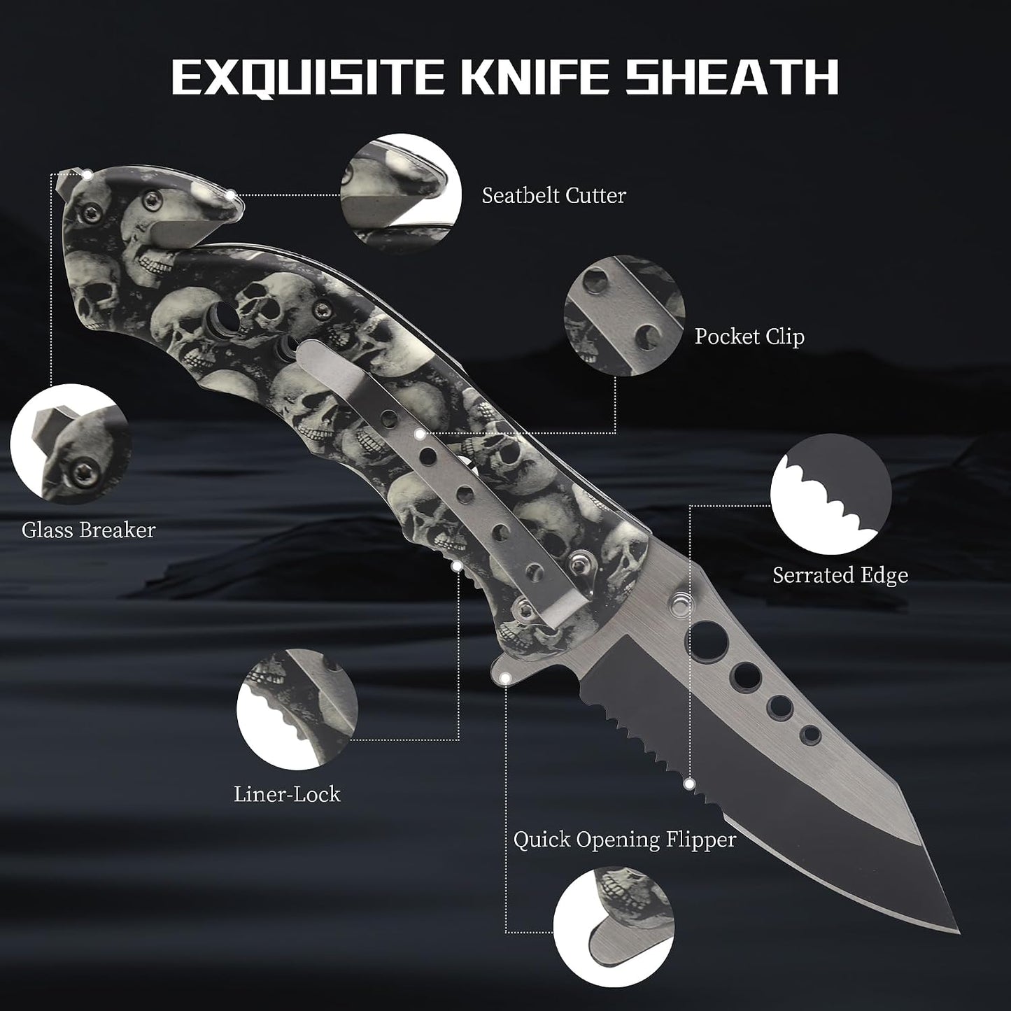 Cuchillo plegable caza acero inox 3.3pulg con rompedor vidrio