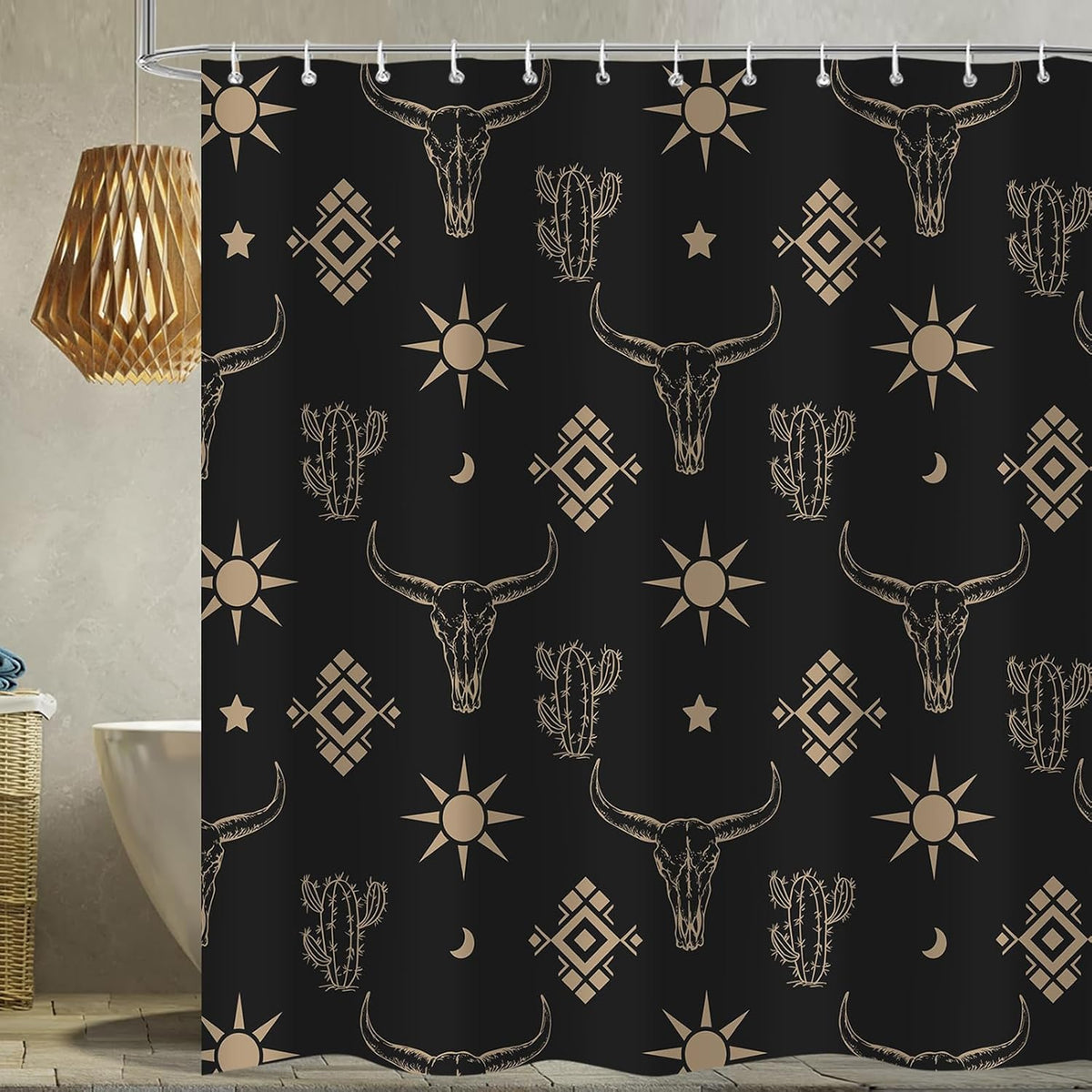 Cortina ducha bohemio calavera vaca negro dorado