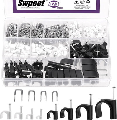 423 Clips Cable 0.157-0.984pulg Clavo Acero 4 Tamaños Kit Surtido