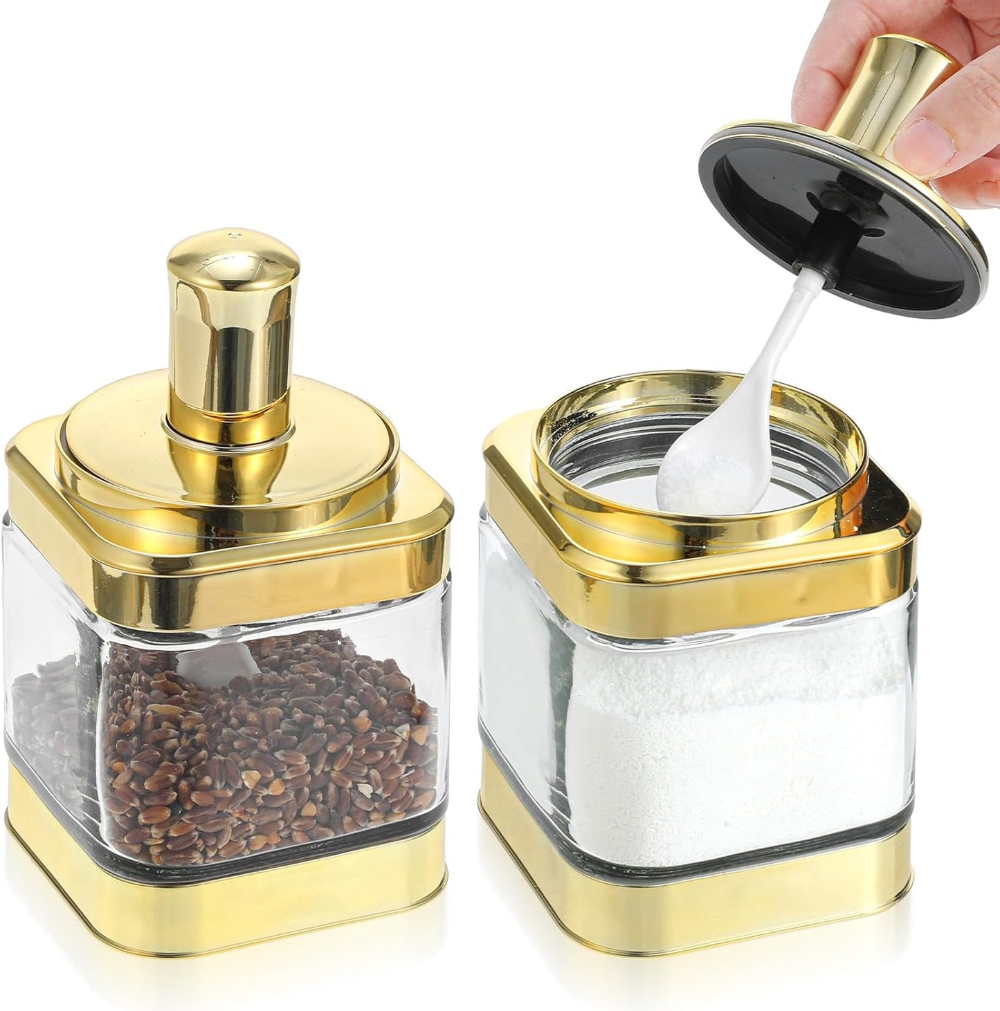 Set 2 Tarros Vidrio Condimentos Cucharón 12oz Dorado Encimera