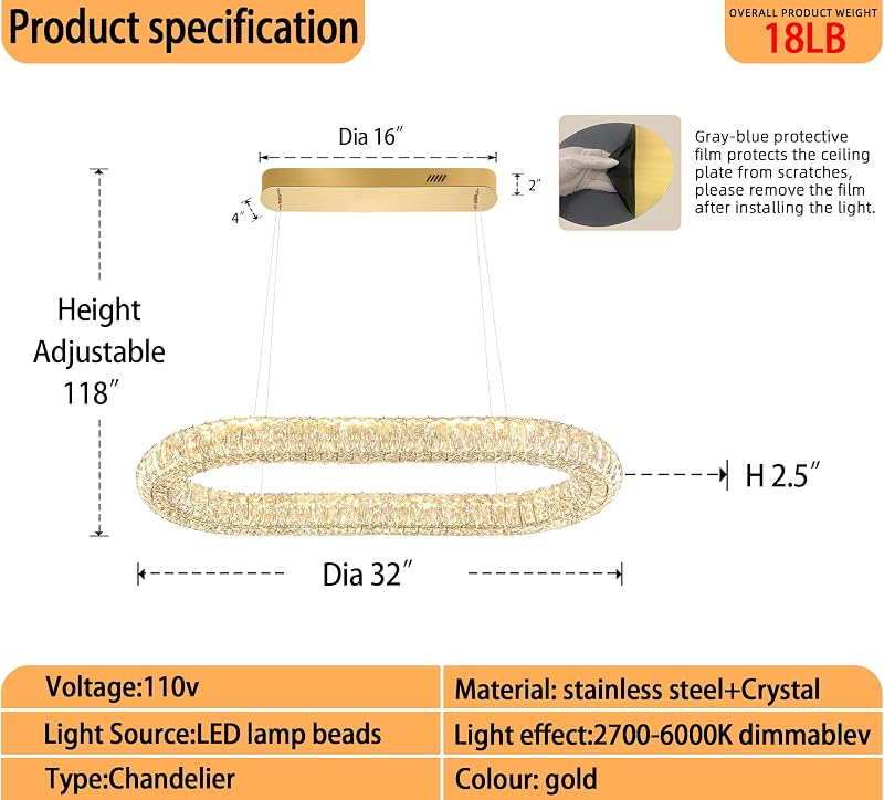 Lámpara araña anillo ovalado LED 31.5" luz regulable dorado
