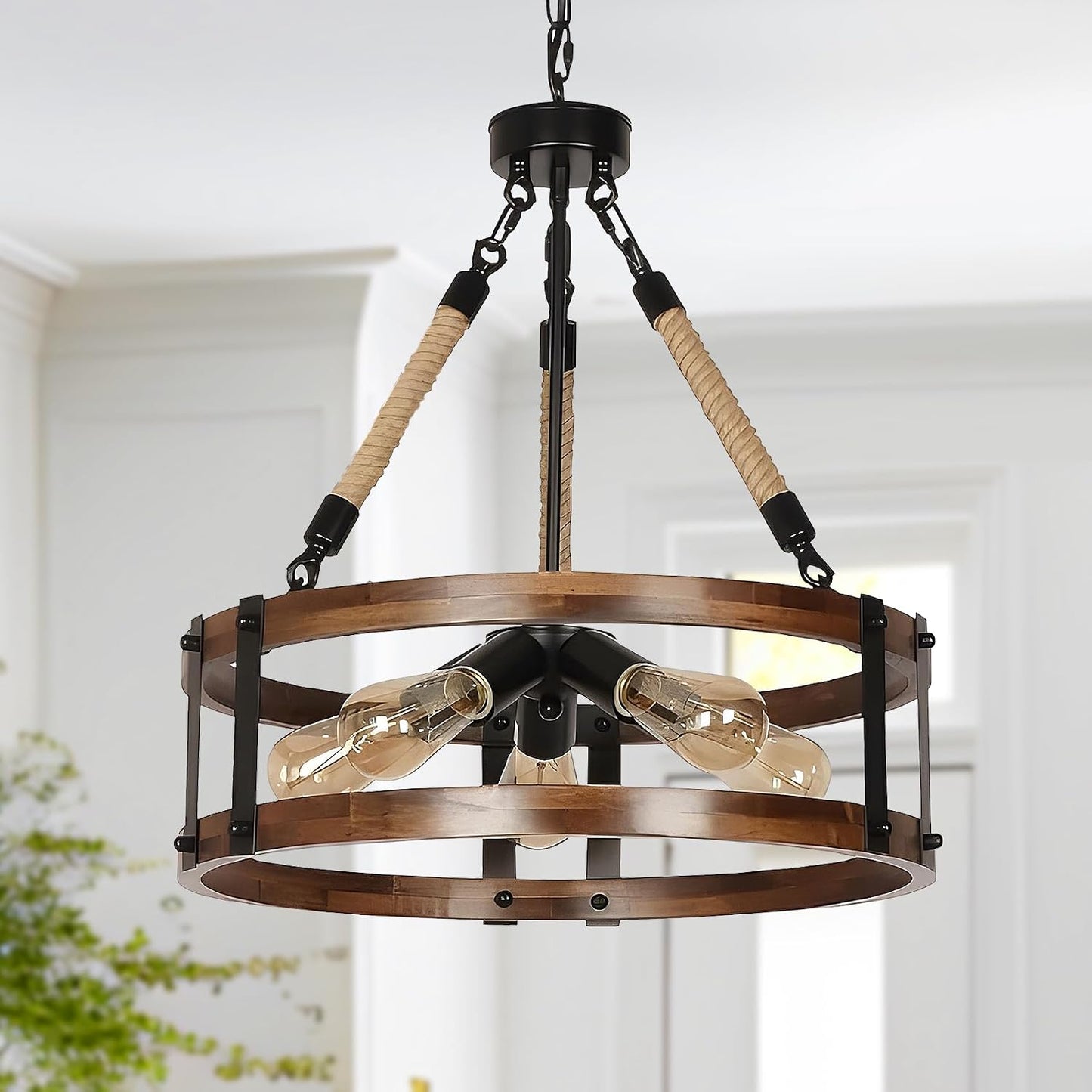 Lámpara araña rústica de madera 5 luces comedor cocina