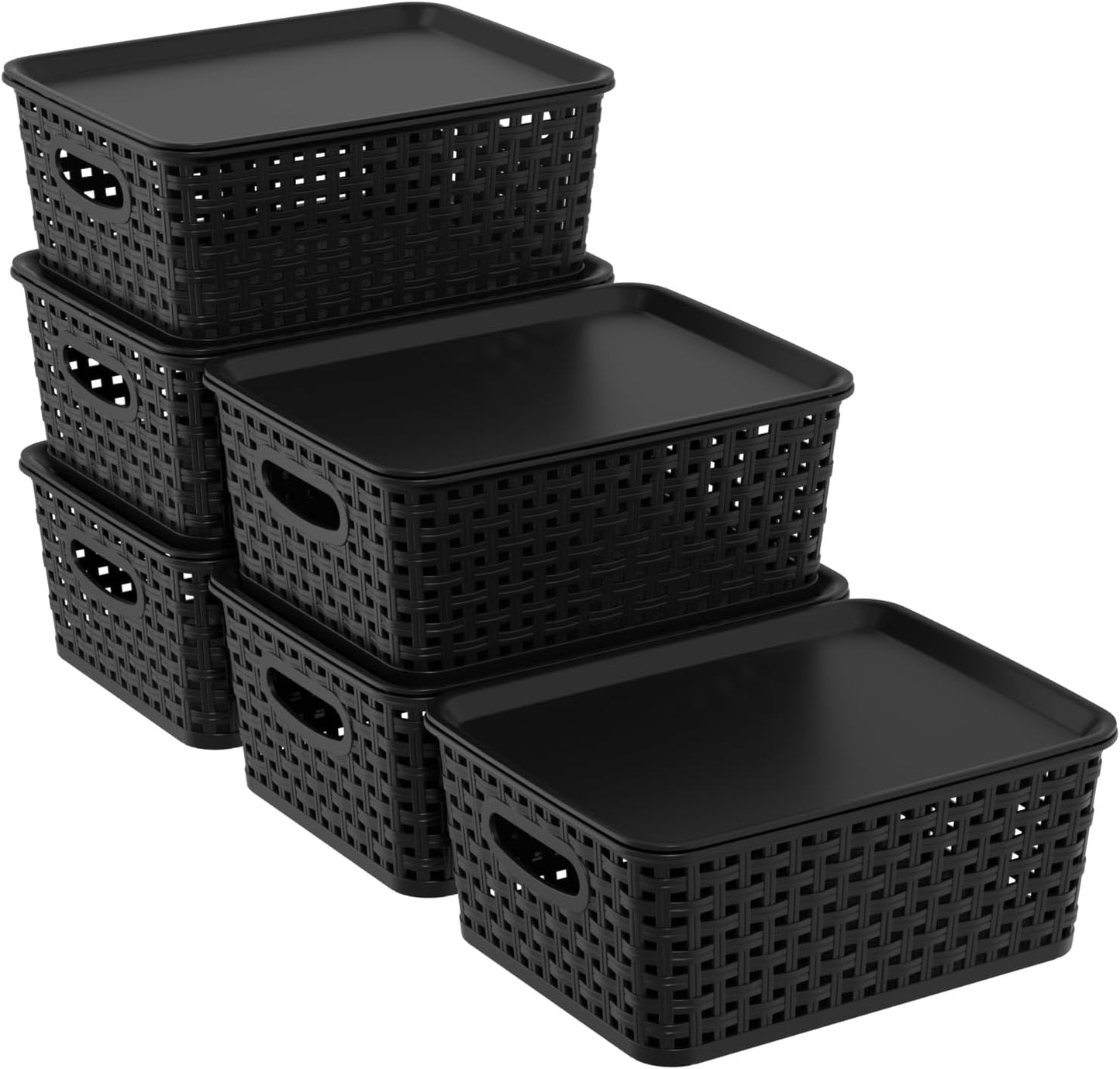 6 Pzas Cestas Plástico con Tapa Negro