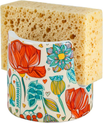 Soporte de esponja para fregadero de cocina y baño con flor roja