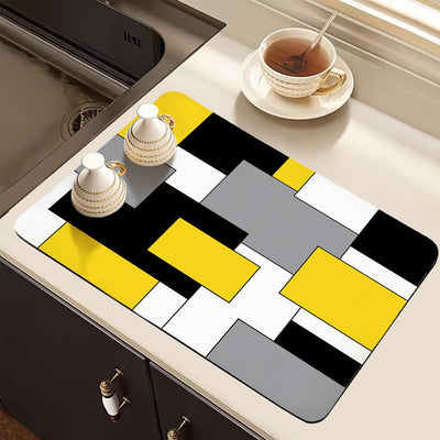 Tapete de secado de platos geométrico amarillo, gris y negro con respaldo de goma