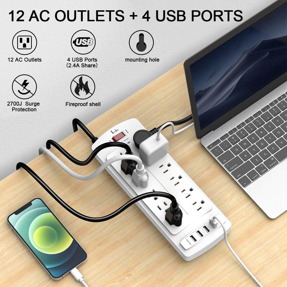 Protector sobretensiones 12 salidas 4 USB 10ft blanco