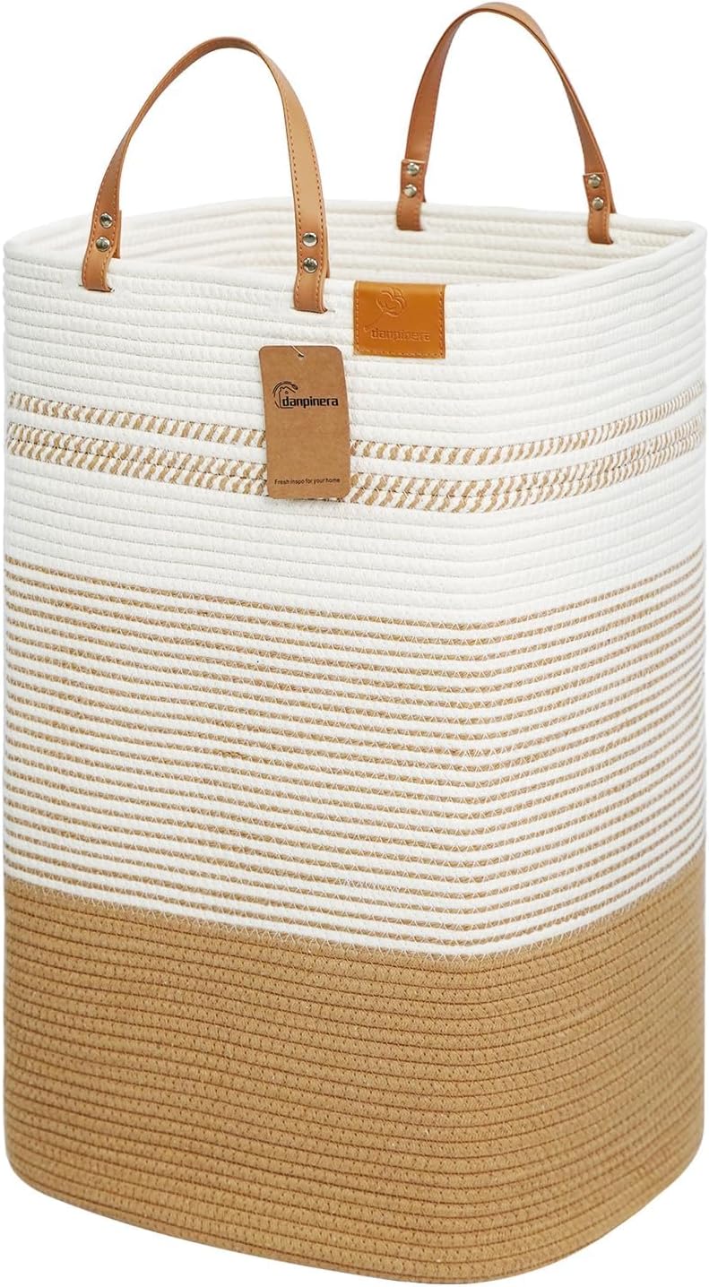 Cesta lavandería tejida algodón 75L asas cuero decorativa