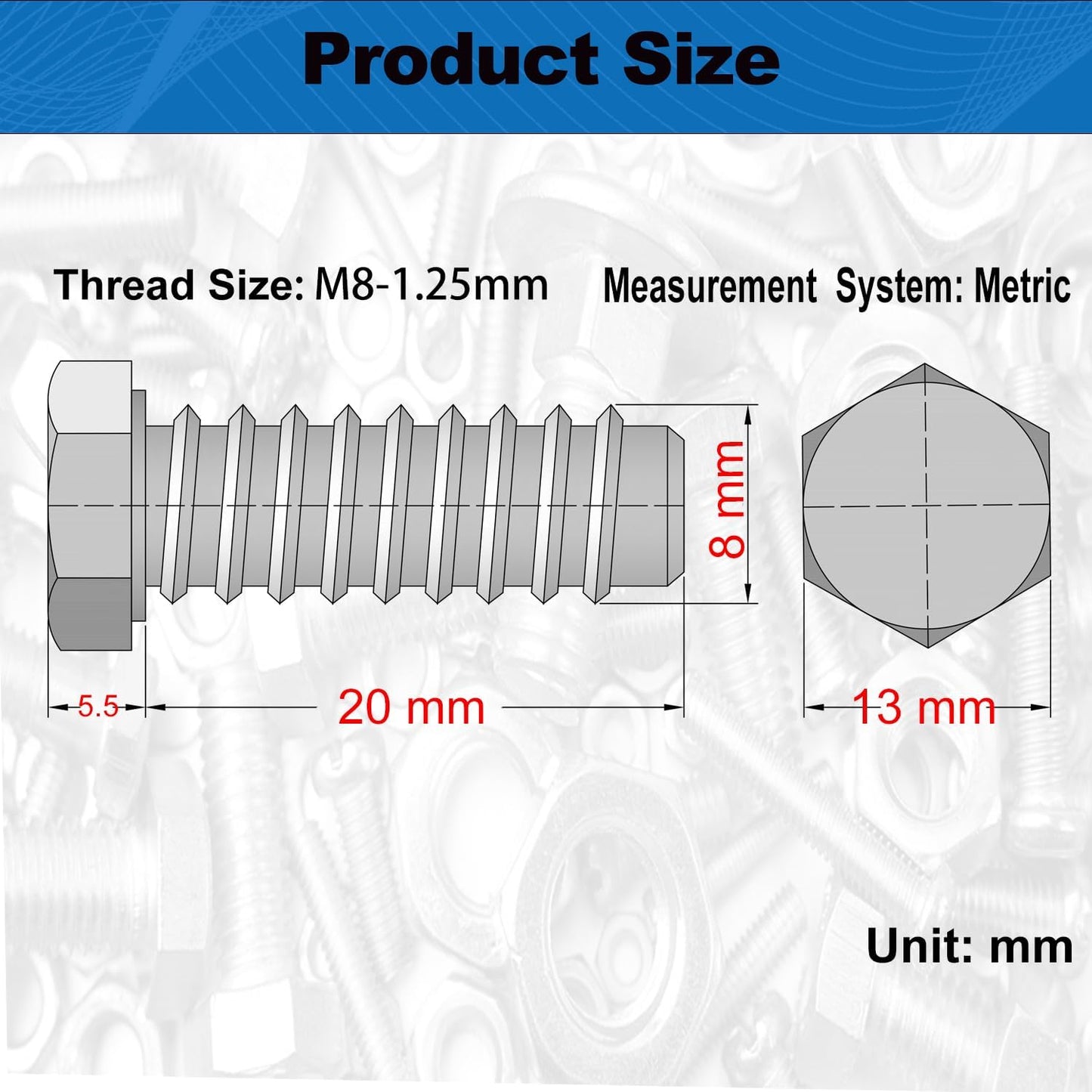 20 Pzas Pernos Hex M8x20mm Acero Carbono Grado 12.9