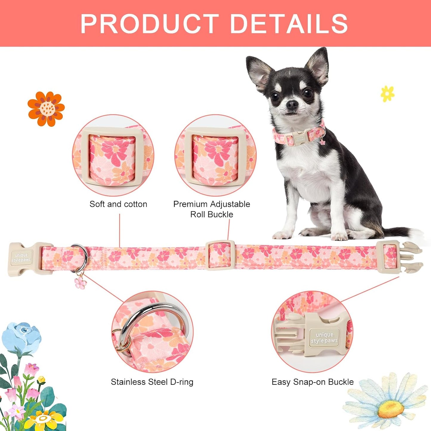 Collar perro estilo único con hebilla plástico y colgante flor rosa