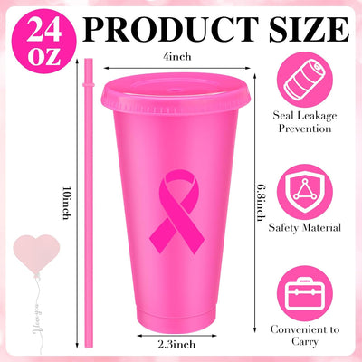 24 Vasos Plástico Cáncer Mama con Tapas Pajitas 24oz