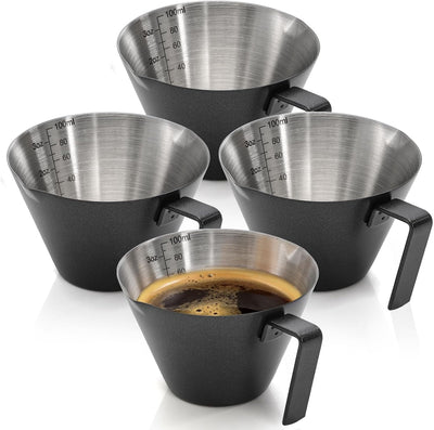 4 Tazas Medidoras Acero Inox 3.4oz con Asa y Escala