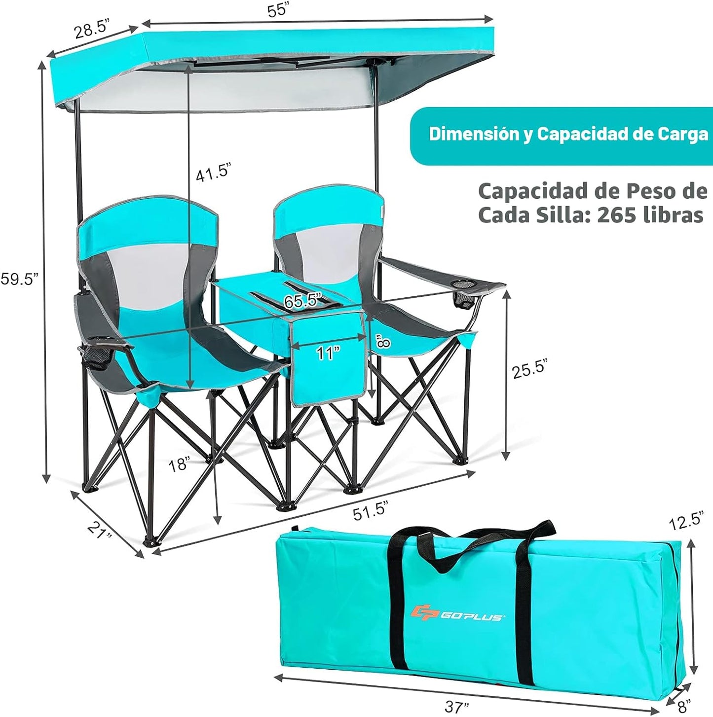 Asiento campamento doble toldo mesa bebidas plegable
