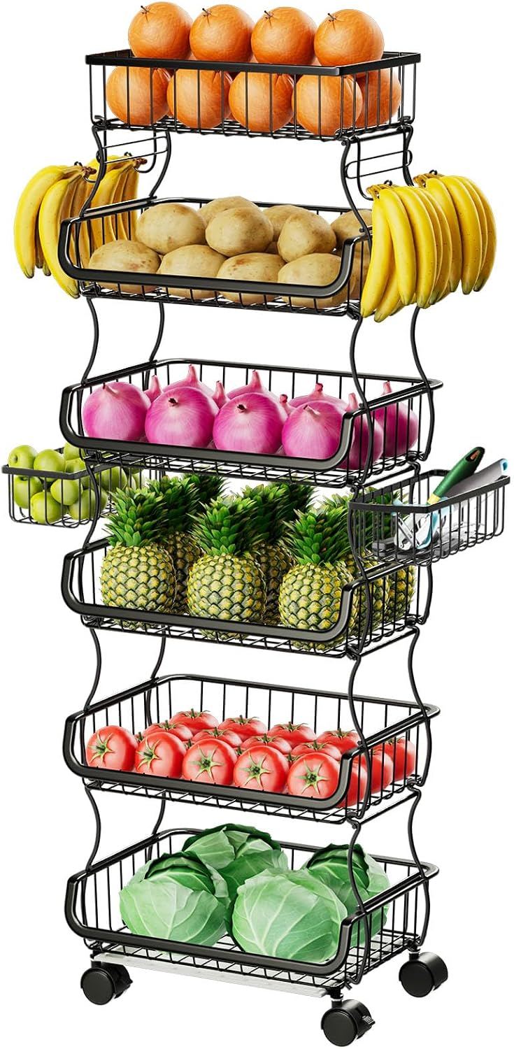 Carrito 6 niveles apilable con canastas y ruedas cocina