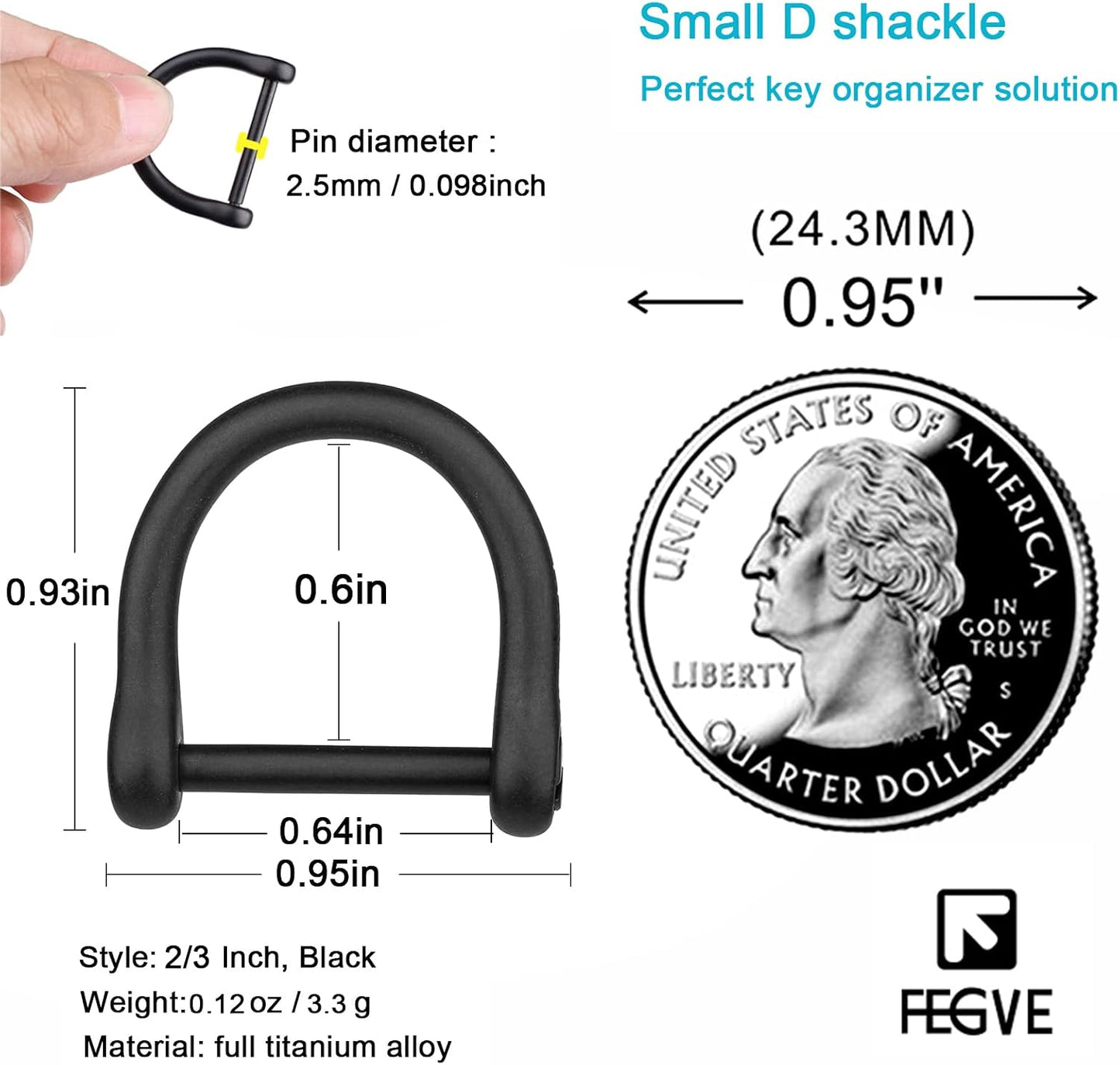 Llaveros grillete titanio resistente 2/3" negro 2uds