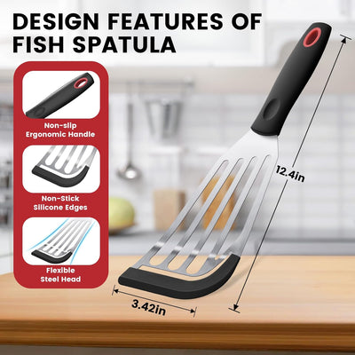 Espátula silicona ranurada acero inox flexible 12x3pulg negro