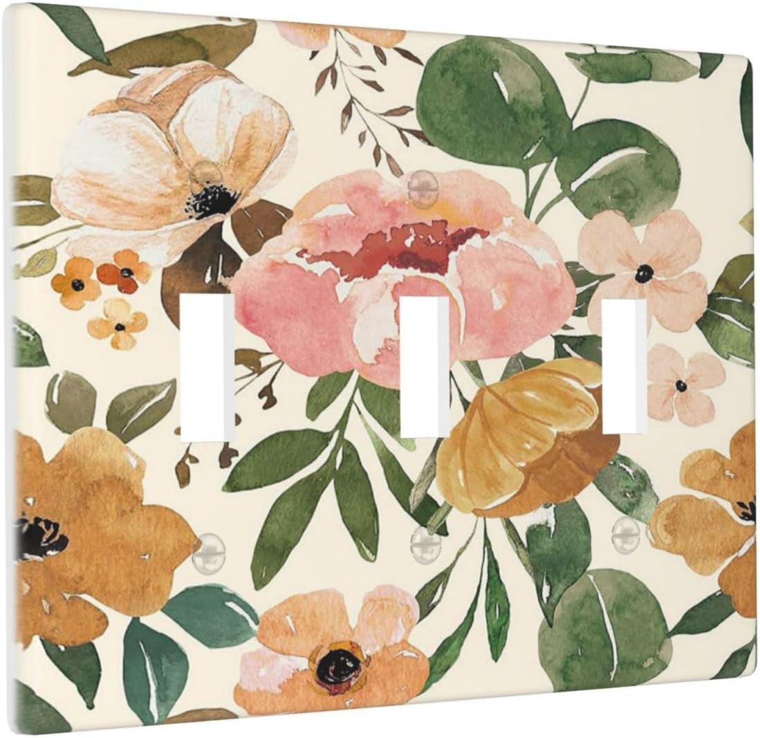 Placa interruptor luz triple bohemio floral rosa decorativa