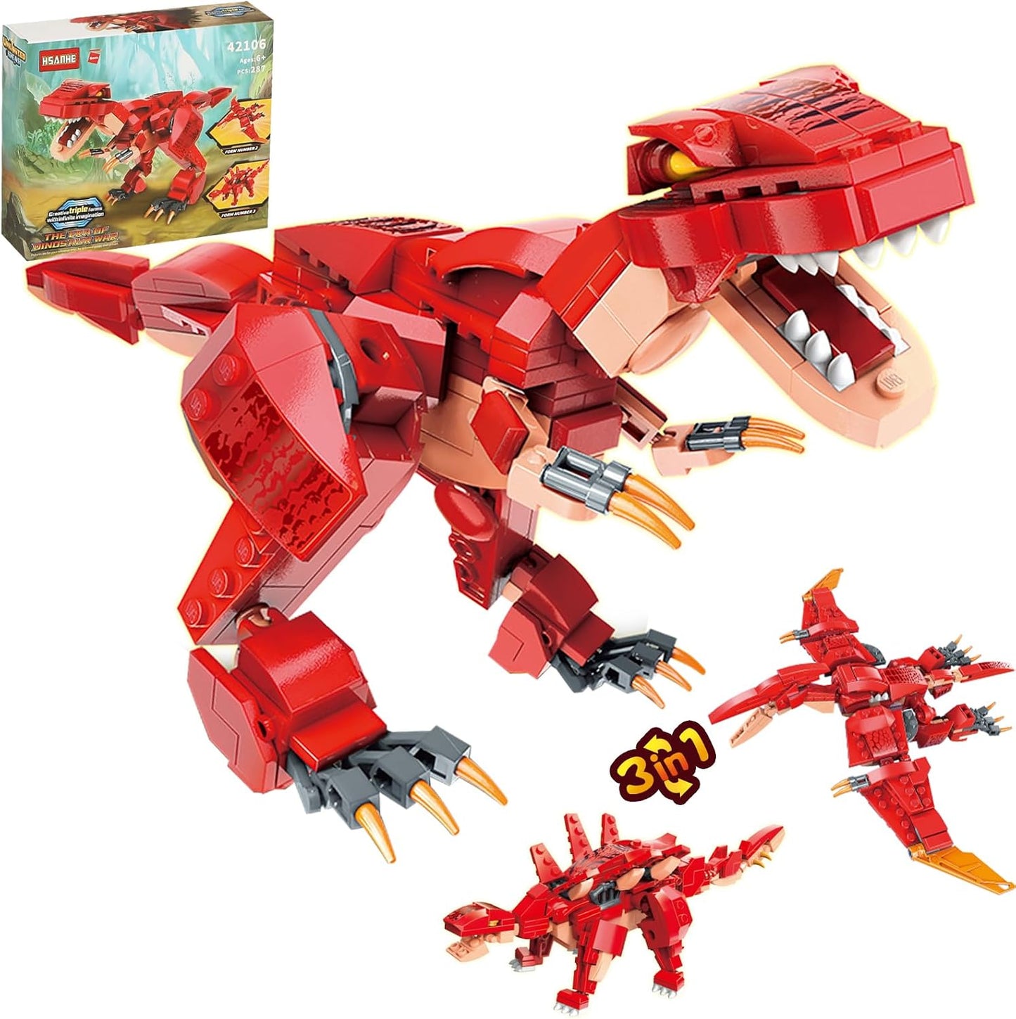 Kit dinosaurios 3en1 287pzas educativo niños 6-10 rojo